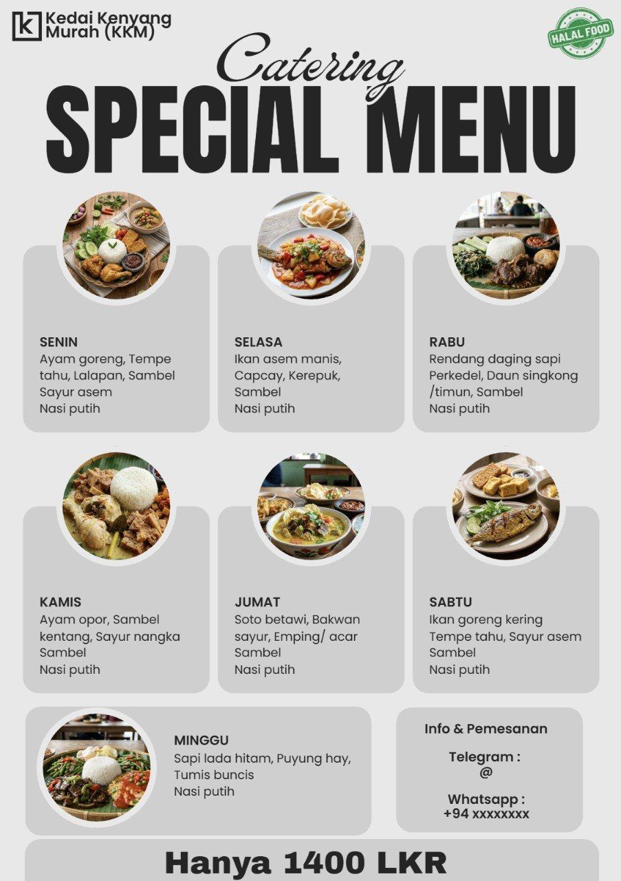 Poster menu catering Kedai Kenyang Murah, menu Senin sampai Minggu dengan harga 1.400 LKR